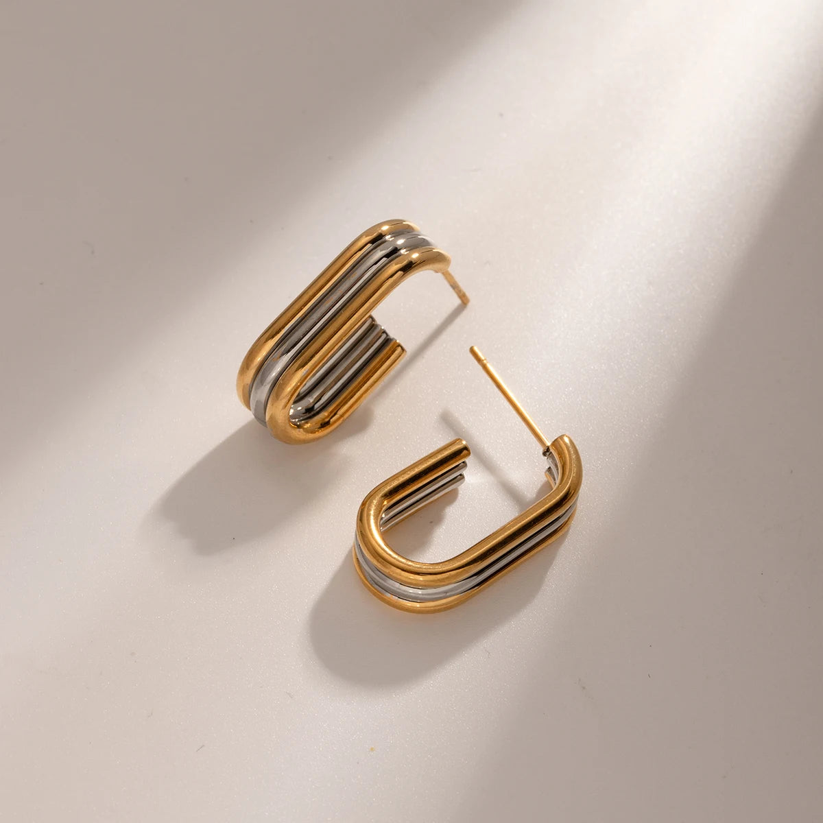 18K Gold Plated Stainless Steel C-Shaped Stud Gold Silver Matching Three Layer Hoop Earrings Women Waterproof Charm Jewelry