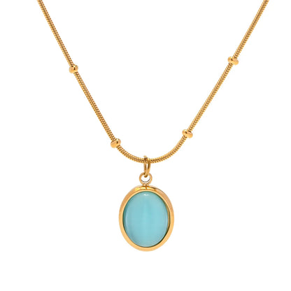 Youthway 18K Gold Plated Stainless Steel Blue Opal Necklace Metal Rust Proof PVD Chic Jewelry Bijoux Femme