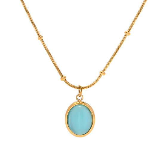 Youthway 18K Gold Plated Stainless Steel Blue Opal Necklace Metal Rust Proof PVD Chic Jewelry Bijoux Femme