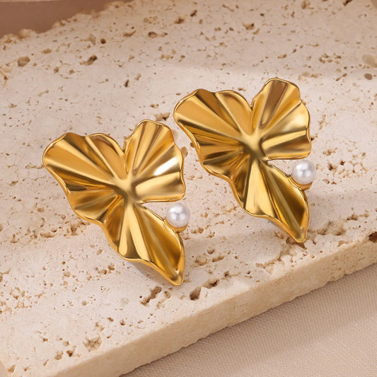 Stainless Steel Irregular Pearl Earrings for Women Gold Color Vintage Leaf Geometric Earring Party Wedding Jewelry Gift 2024