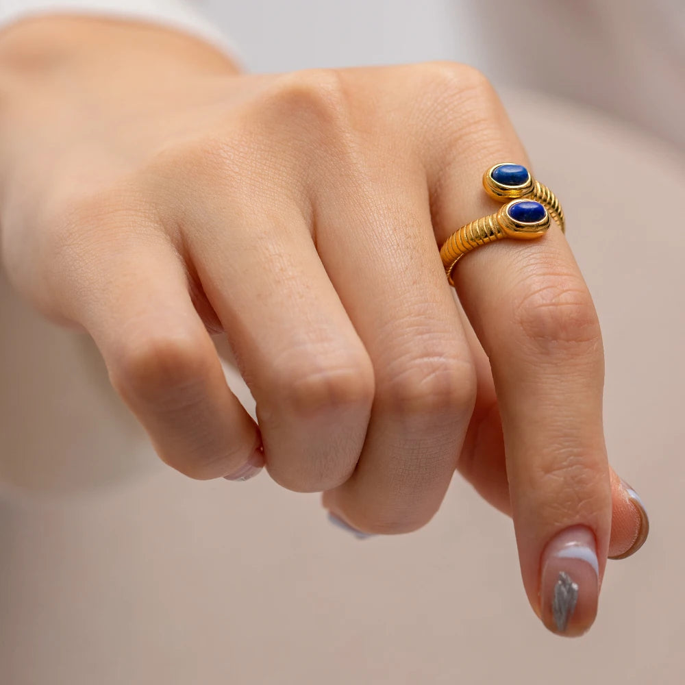 Uworld Waterproof 18K Gold Plated Stainless Steel Jewelry Open Thread Inlaid Lapis Lazuli Turquoise Stone Bead Snake Rings Party