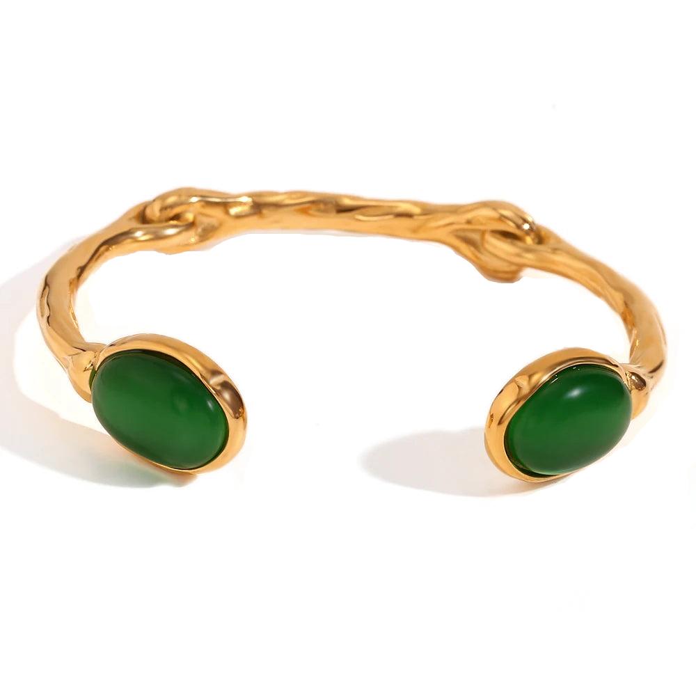 Oval Natural Stone Open Irregular Green Agate Pink Crystal Bracelet 18K Gold Plated 316L Stainless Steel Bracelets for Women