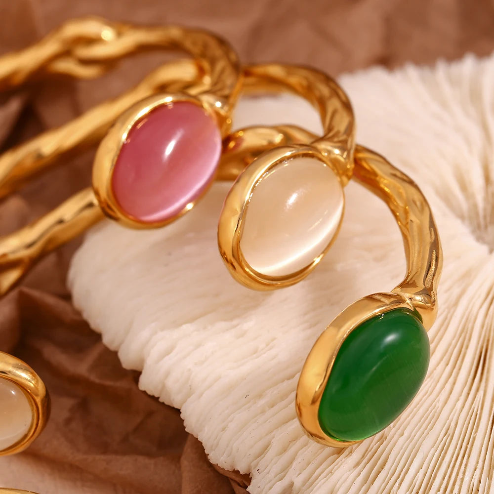 Oval Natural Stone Open Irregular Green Agate Pink Crystal Bracelet 18K Gold Plated 316L Stainless Steel Bracelets for Women