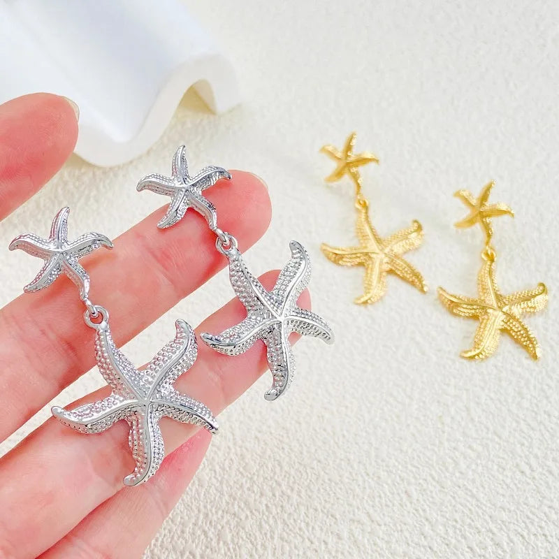 Beach Wind Double Layered Starfish Earrings and Conch Earrings Summer Vacation Versatile for Women'S Earrings Wholesale