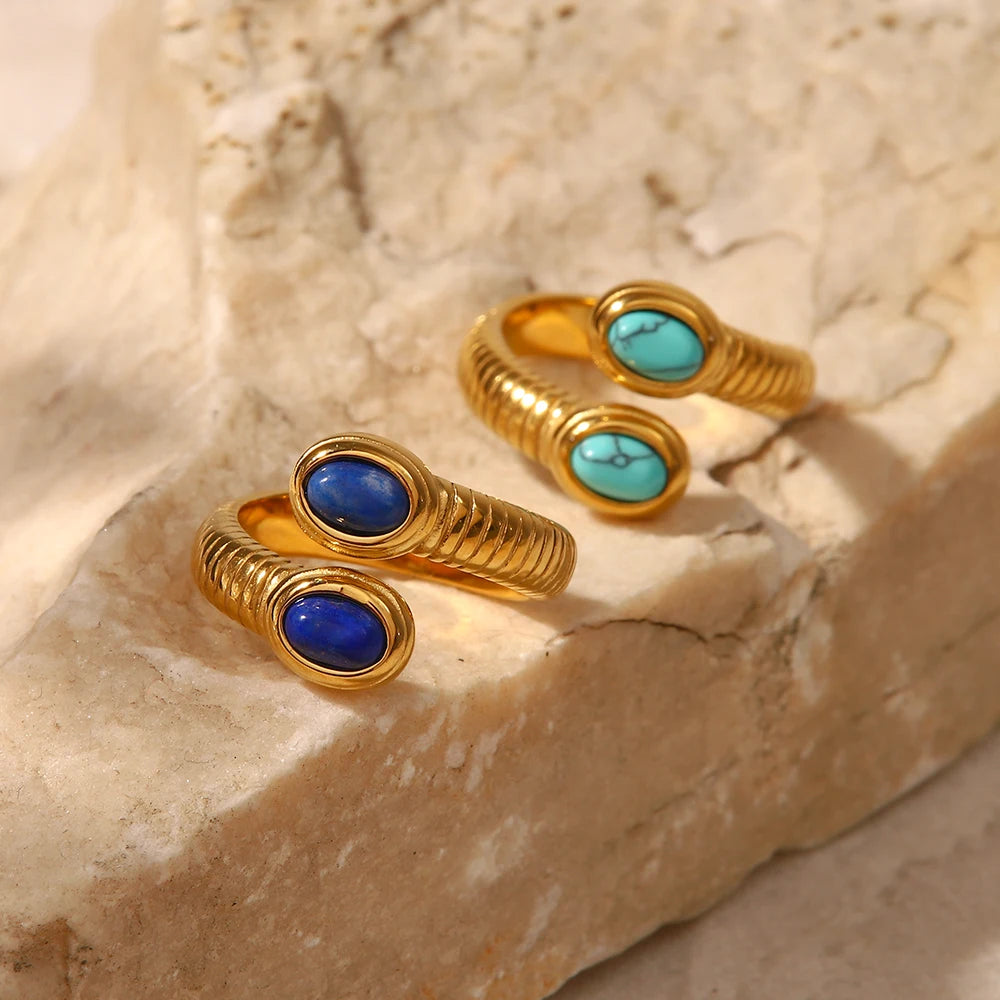 Uworld Waterproof 18K Gold Plated Stainless Steel Jewelry Open Thread Inlaid Lapis Lazuli Turquoise Stone Bead Snake Rings Party