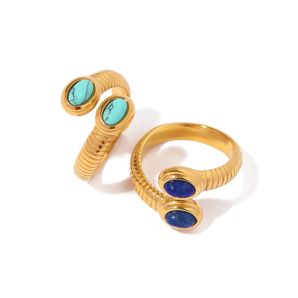 Uworld Waterproof 18K Gold Plated Stainless Steel Jewelry Open Thread Inlaid Lapis Lazuli Turquoise Stone Bead Snake Rings Party