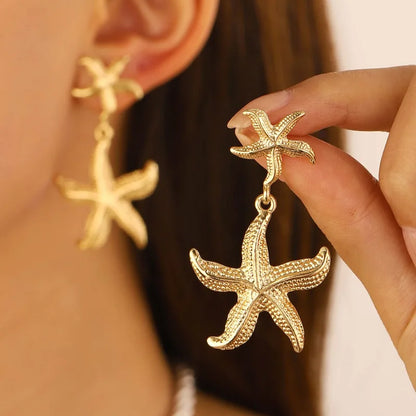 Beach Wind Double Layered Starfish Earrings and Conch Earrings Summer Vacation Versatile for Women'S Earrings Wholesale